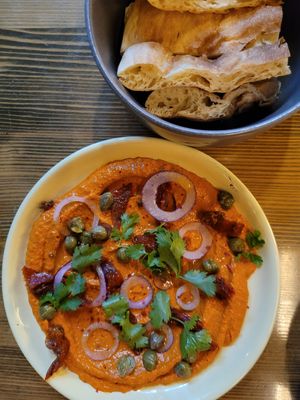 Red pepper dip with capers and sun dried tomatoes at DADI in Tbilisi