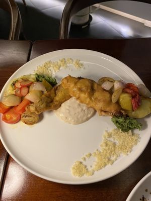 Loved the fried fish with the tarter sauce, pesto and roasted veggies! at Mahina Vegan Table in Seoul