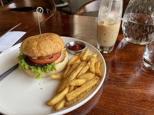 Burger and fries, with a milky kahlua   at Mahina Vegan Table in Seoul