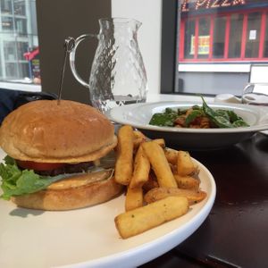 Burger and basil pasta at Mahina Vegan Table in Seoul