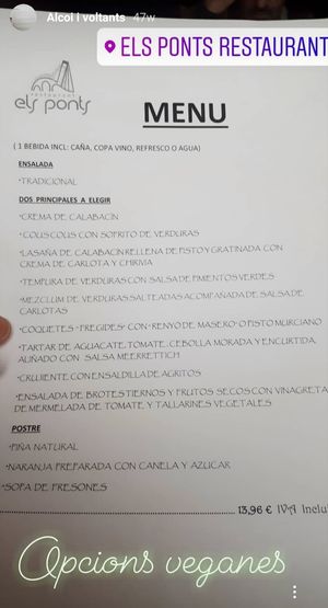 Vegan menu. Carta vegana at El Ponts in Alcoi