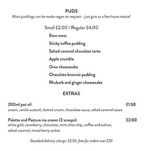 Pudding menu (most can be made vegan) at Events Horizon in Nunney