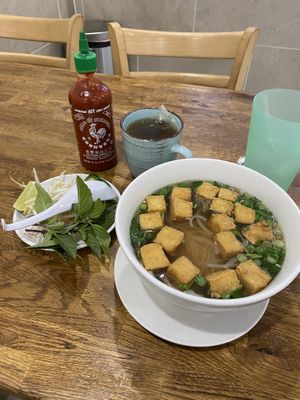 Vegan tofu pho and jasmine tea  at Lucky Thai in Murfreesboro