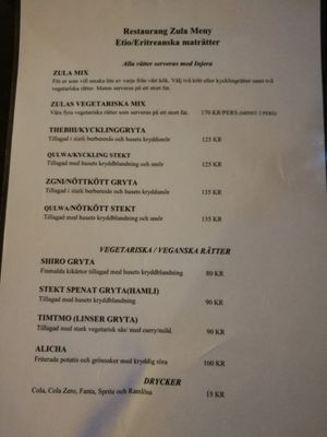 Menu at Zula in Malmo
