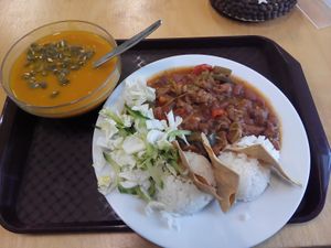 Boan goulash with rice and pumpkin soup with roasted pumpkin seeds. at Oaza Zdravi in Ceska Trebova