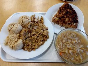 Tempeh in kale with whole-grain rice. Kale soup. Pizza cake with tempeh and sauerkraut. at Oaza Zdravi in Ceska Trebova