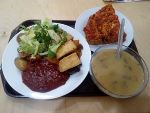 Mushroom soup
Tofu strips with tomato sauce with baked potatoes
(all vegan) at Oaza Zdravi in Ceska Trebova