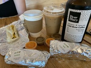 Our coffees and breakfast tacos at Dear Diary Coffeehouse in Austin