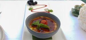 Coconut Crème Brûlée (Vegan)
Served with salted caramel, passion fruit and strawberry at Standing Stones in Gianyar