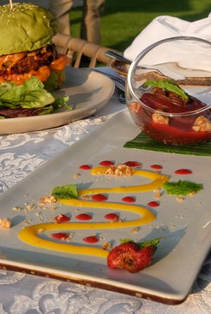Chocolate Mousse (Vegan)
Delicious creamy, non-dairy, chocolate mousse, served with yuzu syrup, cashew nuts and orange puree at Standing Stones in Gianyar