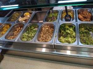 Dishes on display at Tradehub 21 Kimly Food Court - Vegetarian Stall in West Singapore