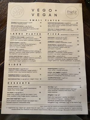 vegan/veg menu as of 22-3-23  at The Metz in Launceston