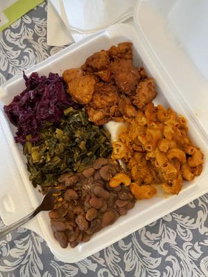 Orange chick’n, Mac, butter beans, collards, cabbage  at A Peace of Soul in Columbia