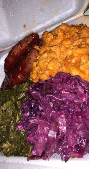 Purple cabbage, macaroni, bbq “chicken"  at A Peace of Soul in Columbia