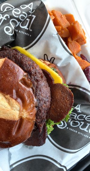 “Bacon” cheeseburger, yams, purple cabbage  at A Peace of Soul in Columbia