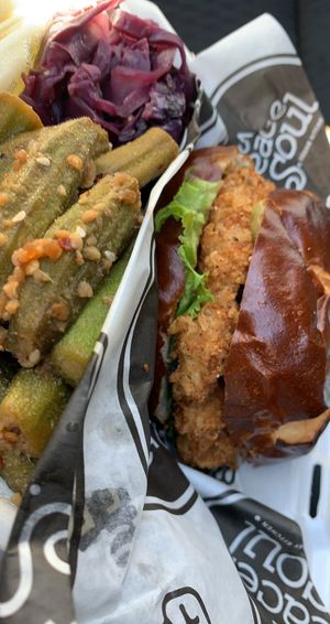 “Chicken” sandwich, okra, purple cabbage  at A Peace of Soul in Columbia