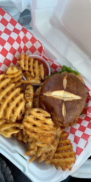 Waffle fries and fried “chicken” sandwich   at A Peace of Soul in Columbia