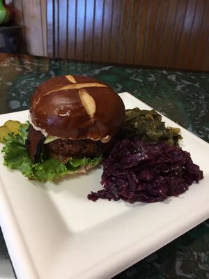 ";bacon cheese burger"; with veg sides at A Peace of Soul in Columbia