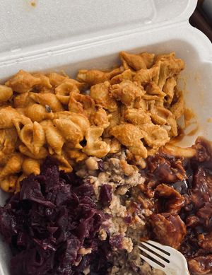 Mac n Cheese, Purple Cabbage, Black Eyed Peas, Rib Tips. $16 at time of posting.  at A Peace of Soul in Columbia