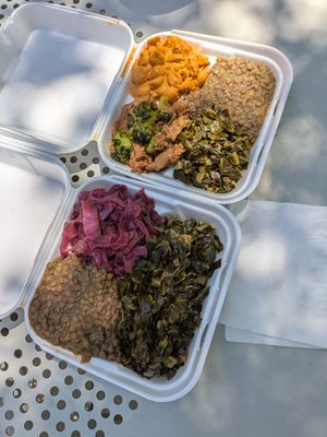 I got the "small" plate with 4 sides (lentils, cabbage, 2x collared greens) and husband got the broccoli and beef plate with lentils, mac, and collards. Everything was fantastic. at A Peace of Soul in Columbia