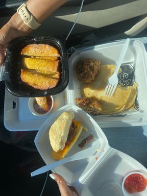 French toast, chicken and pancake and sausage, egg and cheese biscuit.  at A Peace of Soul in Columbia