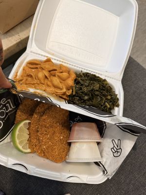 Vegan fish fry! Mac and collard greens   at A Peace of Soul in Columbia