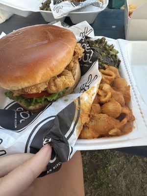Chkn sandwich with greens and Mac and cheese  at A Peace of Soul in Columbia