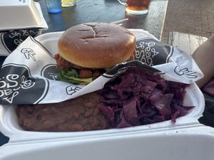 Bbq chkn sandwich with red cabbage and beans  at A Peace of Soul in Columbia