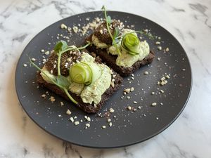 Bruschetta with cream cheese and chia seeds caviar  at Veg Harmony in Minsk