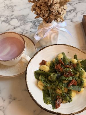Gnocchi with Pesto and pink matcha   at Veg Harmony in Minsk