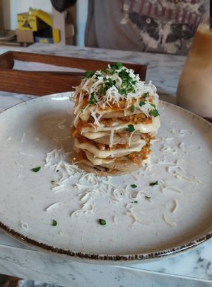 Lasagna (soo good taste AND texture and sauce but girl 20byn for a portion this small be fr) at Veg Harmony in Minsk