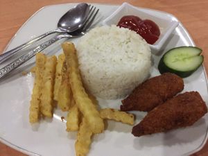 fried vegan mock meat and fries at Kedai Mie in Denpasar