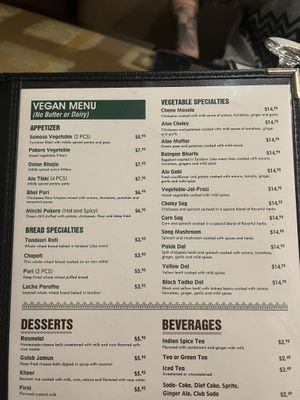vegan section of the menu   at Sawan Indian Cuisine in Englishtown