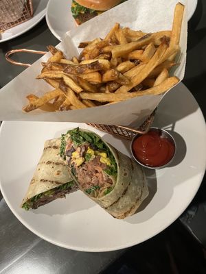 jackfruit wrap and fries  at Kale My Name in Chicago