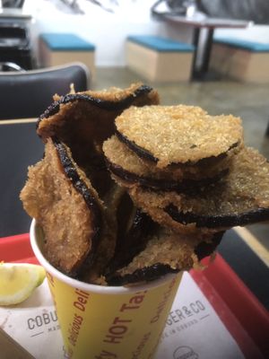 Eggplant chips with lemon YUM $6.50  at Coburger & Co in Coburg