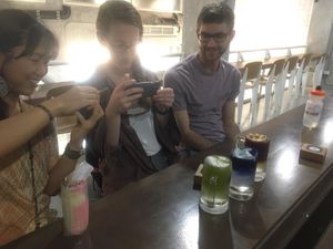 All eyes on ! Refreshing coconut water with Matcha, Butterfly pea and Coffee.  at Vegan Food Crawl - Bangkok in Bangkok