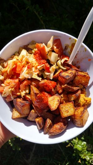 Another combo plate.
Spiced potatoes,mixed steamed veggies, curried Lima beans, stewed black beans over brown rice ...and not shown banana pancake. at Ras Rody's Jamaican Vegan  in Santa Fe