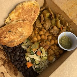 Banana Pancake, Black Bean Stew, Sautéed Greens, Chickpeas, Brown Rice, Jerk Seitan, Fire at Ras Rody's Jamaican Vegan  in Santa Fe
