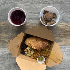 Combo Plate, Sweet Potato Pie, Beet Ginger Juice at Ras Rody's Jamaican Vegan  in Santa Fe