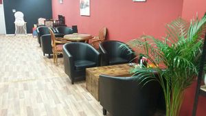 Relaxed seating area. at Kimberleys Vegan Cafe in Torquay