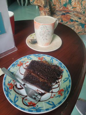 chocolate cherry cake with chai tea at Dulcinea Café Vintage in Cali