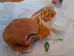 Crispy no-chicken burger with vegan mayo. at MAX - Tornby in Linkoping