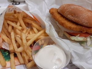 No-chicken burger, fries, and vegan mayo. at MAX - Tornby in Linkoping