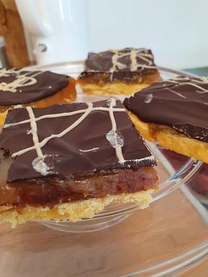 Gluten free short bread with caramel and dark chocolate  at Bolivian Pastries in Wivenhoe