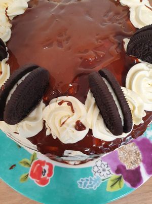 Chocolate sponge with chocolate fudge, vanilla buttercream and oreo at Bolivian Pastries in Wivenhoe