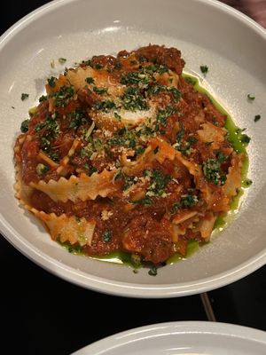 PAPPARDELLE AL RAGU $28.50
House made pappardelle served with nonna's traditional beef ragu sauce, gremolata (0, G, S)   at Nonna's Nightmare in West End