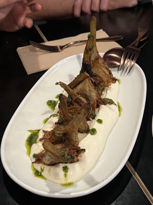 CARCIOFI CROCCANTI  $18.00
Crispy artichokes served with lemon infused whipped buffalo mozzarella and rocket pesto (GF, N, S) (we swapped the fries for this & paid the difference)  at Nonna's Nightmare in West End
