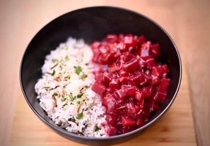 Creamy beetroot stew with rice on weekly changing lunch menu at The Street  in Prague