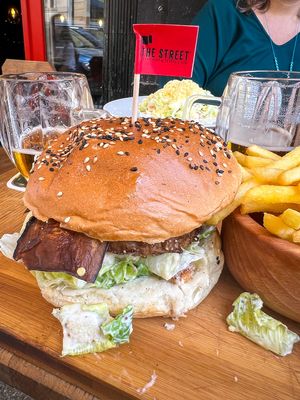 Caesar salad burger with eggplant “bacon"  at The Street  in Prague