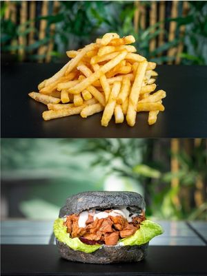 Air fried chips and The Black burger with pulled jackfruit at Five Buns in South East London